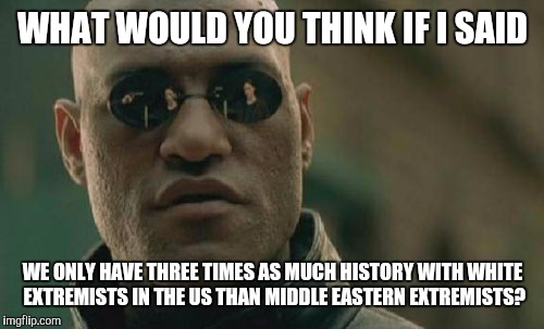 Matrix Morpheus Meme | WHAT WOULD YOU THINK IF I SAID WE ONLY HAVE THREE TIMES AS MUCH HISTORY WITH WHITE EXTREMISTS IN THE US THAN MIDDLE EASTERN EXTREMISTS? | image tagged in memes,matrix morpheus | made w/ Imgflip meme maker