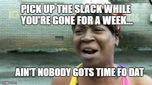 Ain't Nobody Got Time For That Meme | PICK UP THE SLACK WHILE YOU'RE GONE FOR A WEEK... AIN'T NOBODY GOTS TIME FO DAT | image tagged in memes,aint nobody got time for that | made w/ Imgflip meme maker