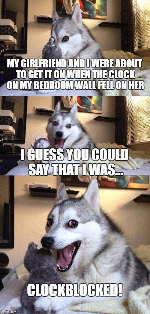 Ahahahahaha... hahaha... ha... I'll see myself out. | MY GIRLFRIEND AND I WERE ABOUT TO GET IT ON WHEN THE CLOCK ON MY BEDROOM WALL FELL ON HER; I GUESS YOU COULD SAY THAT I WAS... CLOCKBLOCKED! | image tagged in memes,bad pun dog,cockblock | made w/ Imgflip meme maker