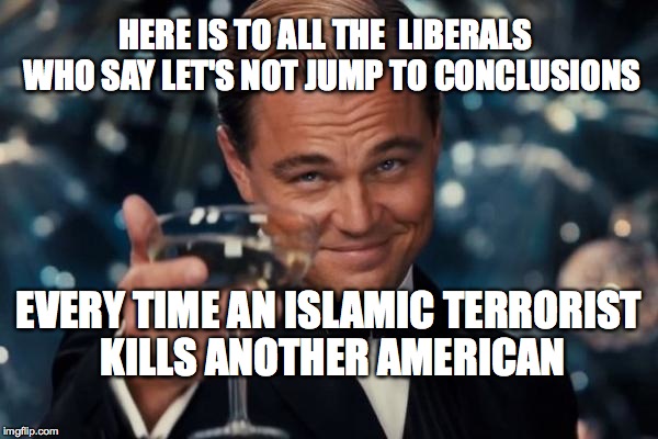 Leonardo Dicaprio Cheers Meme | HERE IS TO ALL THE  LIBERALS  WHO SAY LET'S NOT JUMP TO CONCLUSIONS; EVERY TIME AN ISLAMIC TERRORIST KILLS ANOTHER AMERICAN | image tagged in memes,leonardo dicaprio cheers | made w/ Imgflip meme maker