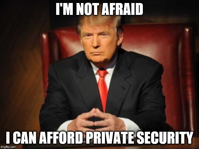 Trump | I'M NOT AFRAID I CAN AFFORD PRIVATE SECURITY | image tagged in trump | made w/ Imgflip meme maker