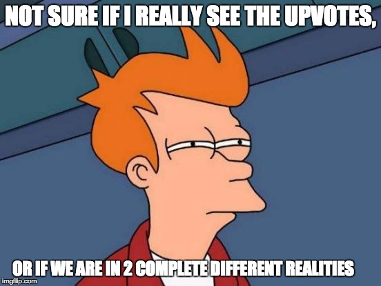 NOT SURE IF I REALLY SEE THE UPVOTES, OR IF WE ARE IN 2 COMPLETE DIFFERENT REALITIES | image tagged in memes,futurama fry | made w/ Imgflip meme maker