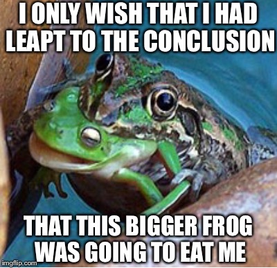 I ONLY WISH THAT I HAD LEAPT TO THE CONCLUSION THAT THIS BIGGER FROG WAS GOING TO EAT ME | made w/ Imgflip meme maker