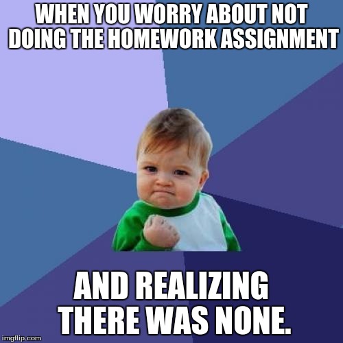 Success Kid Meme | WHEN YOU WORRY ABOUT NOT DOING THE HOMEWORK ASSIGNMENT; AND REALIZING THERE WAS NONE. | image tagged in memes,success kid | made w/ Imgflip meme maker