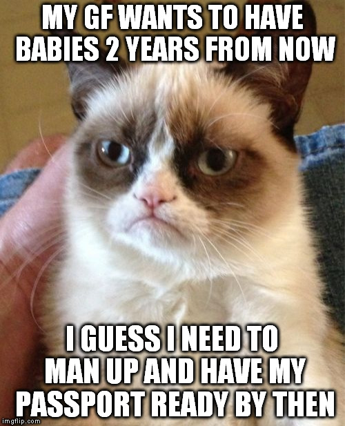 I'M SCREWED.Good bye guys,It's been a pleasure to meme with you. | MY GF WANTS TO HAVE BABIES 2 YEARS FROM NOW; I GUESS I NEED TO MAN UP AND HAVE MY PASSPORT READY BY THEN | image tagged in memes,grumpy cat | made w/ Imgflip meme maker