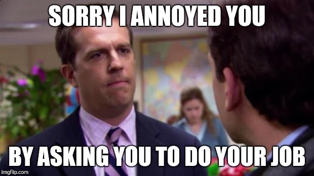 Sorry I annoyed you | SORRY I ANNOYED YOU; BY ASKING YOU TO DO YOUR JOB | image tagged in sorry i annoyed you | made w/ Imgflip meme maker