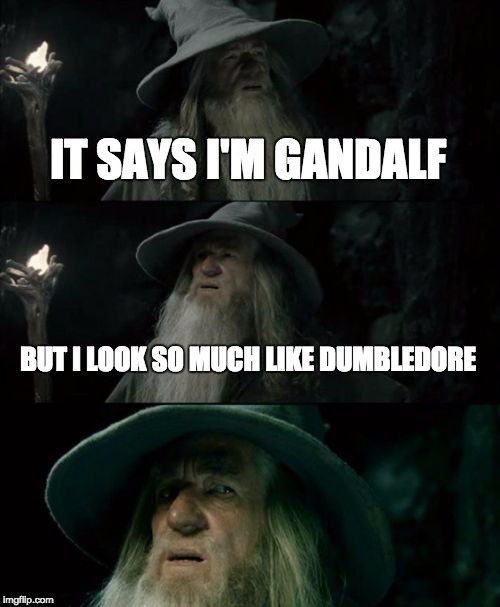 Confused Gandalf Meme | IT SAYS I'M GANDALF; BUT I LOOK SO MUCH LIKE DUMBLEDORE | image tagged in memes,confused gandalf | made w/ Imgflip meme maker