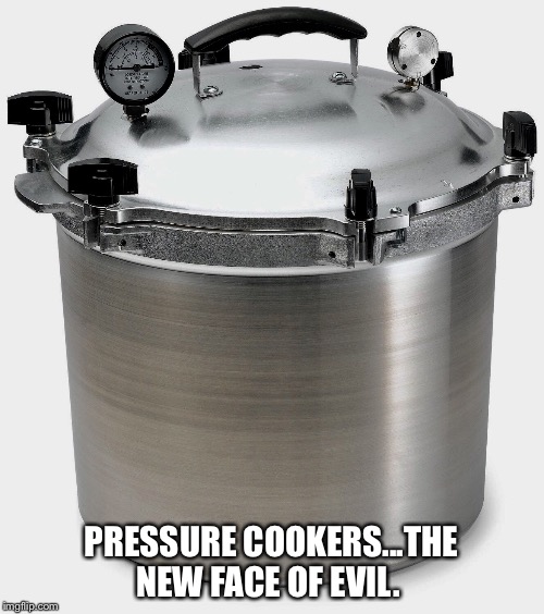 Sears told me there would now be a three-day waiting period and a background check to purchase. |  PRESSURE COOKERS...THE NEW FACE OF EVIL. | image tagged in the pressure cooker,evil,boom | made w/ Imgflip meme maker