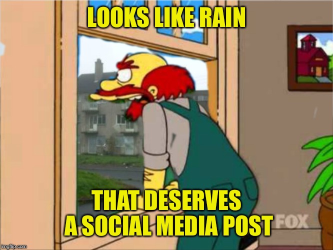 groonskeeper wullie | LOOKS LIKE RAIN; THAT DESERVES A SOCIAL MEDIA POST | image tagged in groonskeeper wullie | made w/ Imgflip meme maker