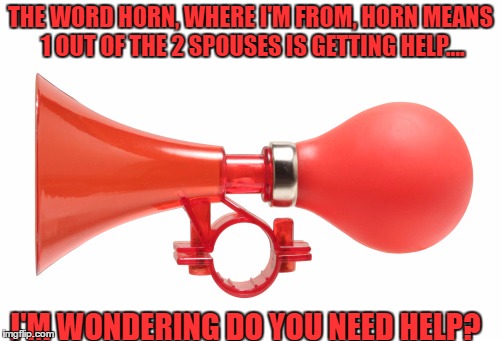 THE WORD HORN, WHERE I'M FROM, HORN MEANS 1 OUT OF THE 2 SPOUSES IS GETTING HELP.... I'M WONDERING DO YOU NEED HELP? | made w/ Imgflip meme maker