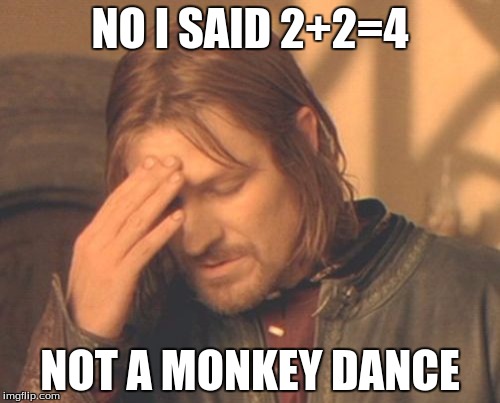 Frustrated Boromir Meme | NO I SAID 2+2=4; NOT A MONKEY DANCE | image tagged in memes,frustrated boromir | made w/ Imgflip meme maker