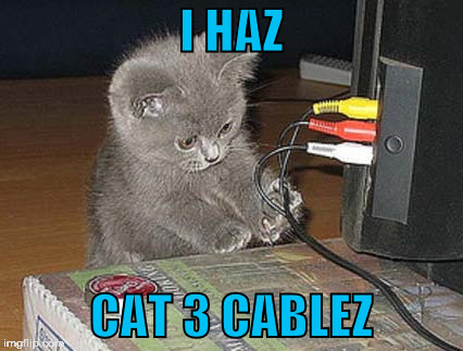 Fluffy Tech Support | I HAZ; CAT 3 CABLEZ | image tagged in cat 3,cat 5,cables,it,tv | made w/ Imgflip meme maker