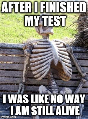 Waiting Skeleton | AFTER I FINISHED MY TEST; I WAS LIKE NO WAY I AM STILL ALIVE | image tagged in memes,waiting skeleton | made w/ Imgflip meme maker