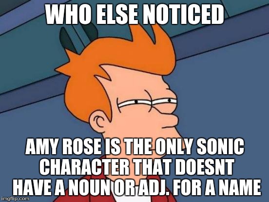 I JUST realized this | WHO ELSE NOTICED; AMY ROSE IS THE ONLY SONIC CHARACTER THAT DOESNT HAVE A NOUN OR ADJ. FOR A NAME | image tagged in memes,futurama fry,amy rose,sonic characters | made w/ Imgflip meme maker