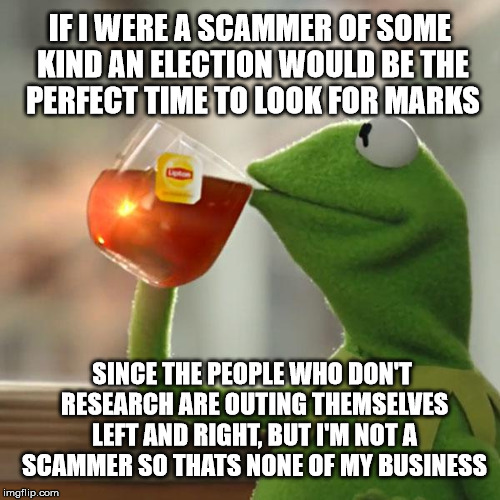 Totally none of my business | IF I WERE A SCAMMER OF SOME KIND AN ELECTION WOULD BE THE PERFECT TIME TO LOOK FOR MARKS; SINCE THE PEOPLE WHO DON'T RESEARCH ARE OUTING THEMSELVES LEFT AND RIGHT, BUT I'M NOT A SCAMMER SO THATS NONE OF MY BUSINESS | image tagged in memes,but thats none of my business,kermit the frog,election,trump 2016,donald trump approves | made w/ Imgflip meme maker