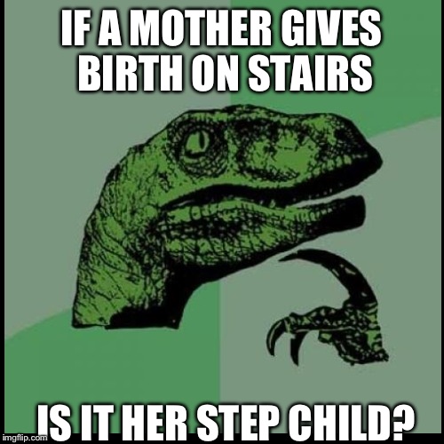 What if a baby was born on the stairs…? | IF A MOTHER GIVES BIRTH ON STAIRS; IS IT HER STEP CHILD? | image tagged in philosoraptor,puns,baby,contemplating | made w/ Imgflip meme maker