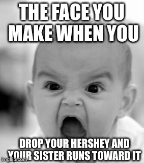 Angry Baby | THE FACE YOU MAKE WHEN YOU; DROP YOUR HERSHEY AND YOUR SISTER RUNS TOWARD IT | image tagged in memes,angry baby | made w/ Imgflip meme maker