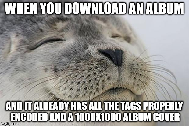 Satisfied Seal Meme | WHEN YOU DOWNLOAD AN ALBUM; AND IT ALREADY HAS ALL THE TAGS PROPERLY ENCODED AND A 1000X1000 ALBUM COVER | image tagged in memes,satisfied seal | made w/ Imgflip meme maker