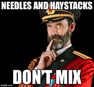 captain obvious | NEEDLES AND HAYSTACKS; DON'T MIX | image tagged in captain obvious | made w/ Imgflip meme maker