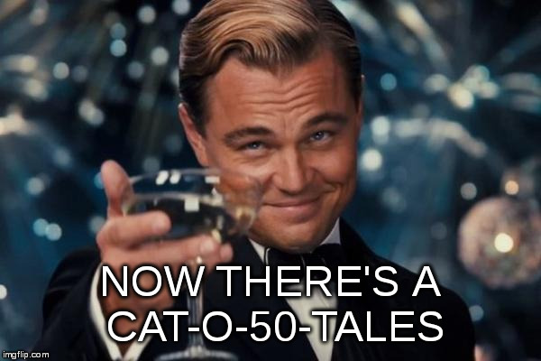 Leonardo Dicaprio Cheers Meme | NOW THERE'S A CAT-O-50-TALES | image tagged in memes,leonardo dicaprio cheers | made w/ Imgflip meme maker
