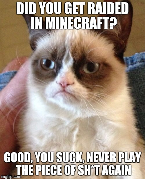 Grumpy Cat | DID YOU GET RAIDED IN MINECRAFT? GOOD, YOU SUCK, NEVER PLAY THE PIECE OF SH*T AGAIN | image tagged in memes,grumpy cat | made w/ Imgflip meme maker