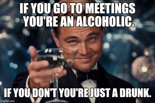 Leonardo Dicaprio Cheers Meme | IF YOU GO TO MEETINGS YOU'RE AN ALCOHOLIC. IF YOU DON'T YOU'RE JUST A DRUNK. | image tagged in memes,leonardo dicaprio cheers | made w/ Imgflip meme maker