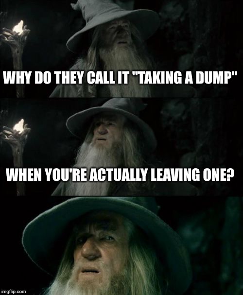 Confused Gandalf Meme | WHY DO THEY CALL IT "TAKING A DUMP"; WHEN YOU'RE ACTUALLY LEAVING ONE? | image tagged in memes,confused gandalf | made w/ Imgflip meme maker