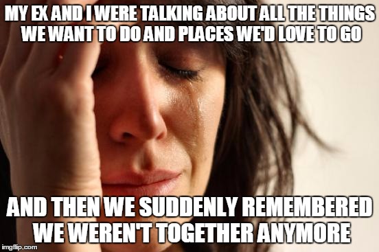 By...we...I mean...you... | MY EX AND I WERE TALKING ABOUT ALL THE THINGS WE WANT TO DO AND PLACES WE'D LOVE TO GO; AND THEN WE SUDDENLY REMEMBERED WE WEREN'T TOGETHER ANYMORE | image tagged in memes,first world problems | made w/ Imgflip meme maker