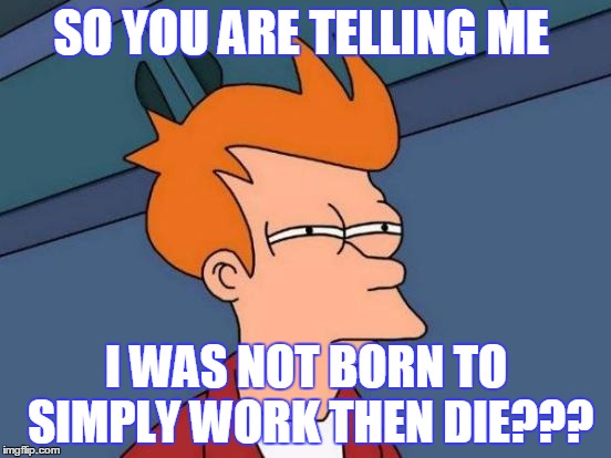 born to work and die | SO YOU ARE TELLING ME; I WAS NOT BORN TO SIMPLY WORK THEN DIE??? | image tagged in memes,futurama fry,life,work,sad but true,funny | made w/ Imgflip meme maker