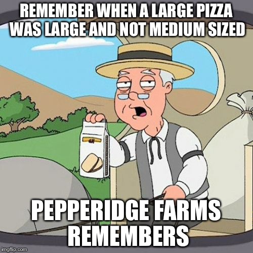 Pepperidge Farm Remembers Meme | REMEMBER WHEN A LARGE PIZZA WAS LARGE AND NOT MEDIUM SIZED; PEPPERIDGE FARMS REMEMBERS | image tagged in memes,pepperidge farm remembers | made w/ Imgflip meme maker