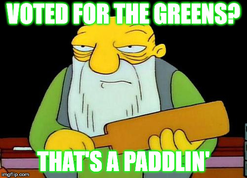 That's a paddlin' Meme | VOTED FOR THE GREENS? THAT'S A PADDLIN' | image tagged in memes,that's a paddlin' | made w/ Imgflip meme maker