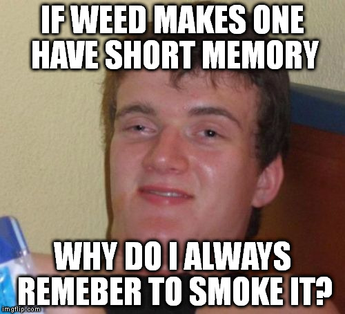 10 Guy | IF WEED MAKES ONE HAVE SHORT MEMORY; WHY DO I ALWAYS REMEBER TO SMOKE IT? | image tagged in memes,10 guy | made w/ Imgflip meme maker