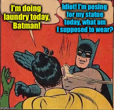 Batman Slapping Robin Meme | I'm doing laundry today, Batman! Idiot! I'm posing for my statue today, what am I supposed to wear? | image tagged in memes,batman slapping robin | made w/ Imgflip meme maker