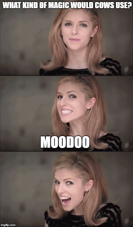Bad Pun Anna Kendrick | WHAT KIND OF MAGIC WOULD COWS USE? MOODOO | image tagged in memes,bad pun anna kendrick | made w/ Imgflip meme maker