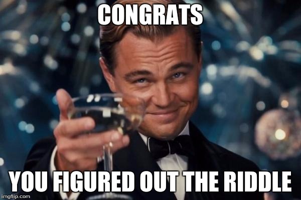 Leonardo Dicaprio Cheers Meme | CONGRATS YOU FIGURED OUT THE RIDDLE | image tagged in memes,leonardo dicaprio cheers | made w/ Imgflip meme maker