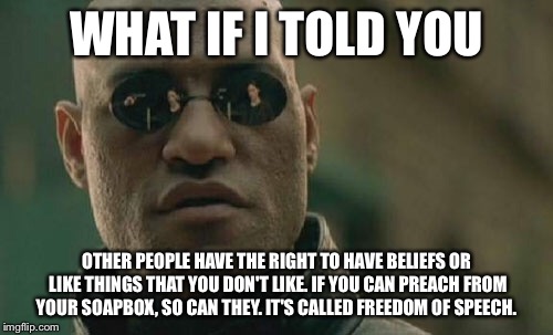 Matrix Morpheus |  WHAT IF I TOLD YOU; OTHER PEOPLE HAVE THE RIGHT TO HAVE BELIEFS OR LIKE THINGS THAT YOU DON'T LIKE. IF YOU CAN PREACH FROM YOUR SOAPBOX, SO CAN THEY. IT'S CALLED FREEDOM OF SPEECH. | image tagged in memes,matrix morpheus | made w/ Imgflip meme maker