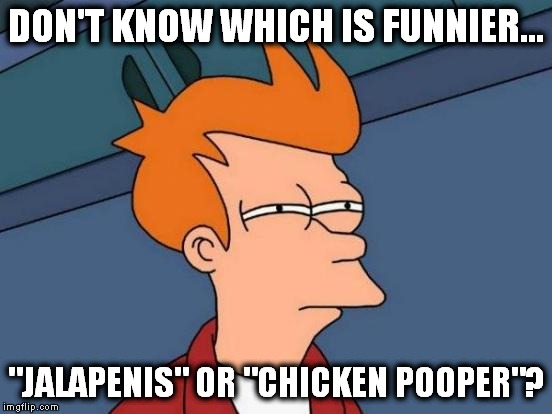 Futurama Fry Meme | DON'T KNOW WHICH IS FUNNIER... "JALAP**IS" OR "CHICKEN POOPER"? | image tagged in memes,futurama fry | made w/ Imgflip meme maker