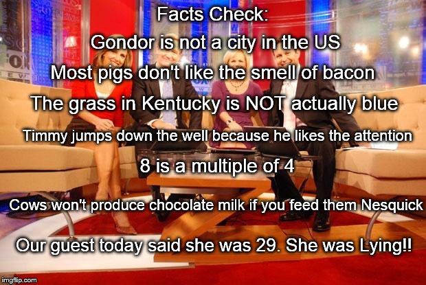 Fox News | Facts Check:; Gondor is not a city in the US; Most pigs don't like the smell of bacon; The grass in Kentucky is NOT actually blue; Timmy jumps down the well because he likes the attention; 8 is a multiple of 4; Cows won't produce chocolate milk if you feed them Nesquick; Our guest today said she was 29. She was Lying!! | image tagged in fox news | made w/ Imgflip meme maker