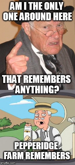 Sometimes its like I'm the only one without a memory problem | AM I THE ONLY ONE AROUND HERE; THAT REMEMBERS ANYTHING? PEPPERIDGE FARM REMEMBERS | image tagged in memes,pepperidge farms remembers,bad memory,grumpy,old man | made w/ Imgflip meme maker