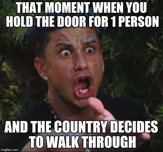 DJ Pauly D | THAT MOMENT WHEN YOU HOLD THE DOOR FOR 1 PERSON; AND THE COUNTRY DECIDES TO WALK THROUGH | image tagged in memes,dj pauly d | made w/ Imgflip meme maker