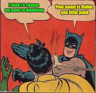 Slapped Silly | I think I'll change my name to Nightwing; Your name is Robin, you little punk | image tagged in memes,batman slapping robin,disrespectful,ungrateful,young people,young punk | made w/ Imgflip meme maker
