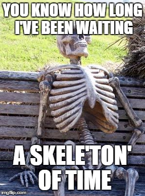 Waiting Skeleton Meme | YOU KNOW HOW LONG I'VE BEEN WAITING; A SKELE'TON' OF TIME | image tagged in memes,waiting skeleton | made w/ Imgflip meme maker