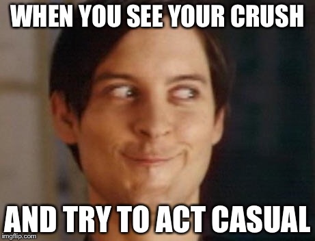 Spiderman Peter Parker | WHEN YOU SEE YOUR CRUSH; AND TRY TO ACT CASUAL | image tagged in memes,spiderman peter parker | made w/ Imgflip meme maker