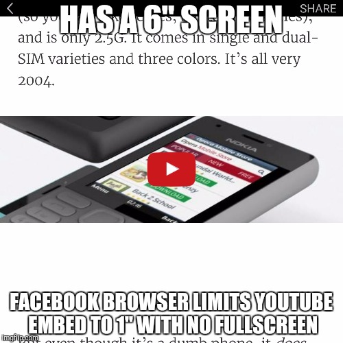 HAS A 6" SCREEN; FACEBOOK BROWSER LIMITS YOUTUBE EMBED TO 1" WITH NO FULLSCREEN | image tagged in facebook browser | made w/ Imgflip meme maker