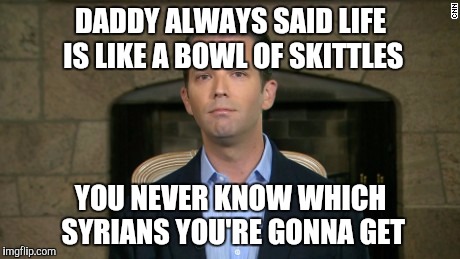 Donald gump Jr. | DADDY ALWAYS SAID LIFE IS LIKE A BOWL OF SKITTLES; YOU NEVER KNOW WHICH SYRIANS YOU'RE GONNA GET | image tagged in trump jr | made w/ Imgflip meme maker