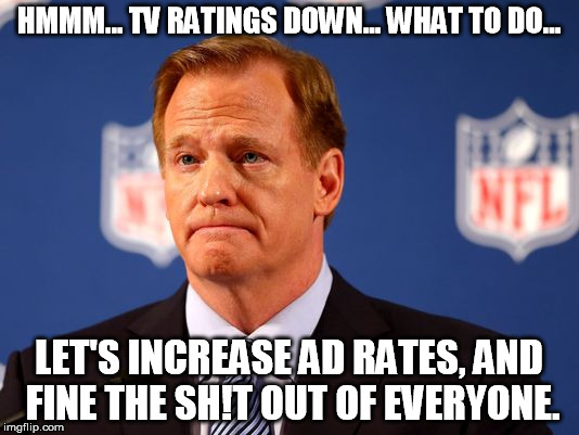 HMMM... TV RATINGS DOWN... WHAT TO DO... LET'S INCREASE AD RATES, AND FINE THE SH!T OUT OF EVERYONE. | made w/ Imgflip meme maker