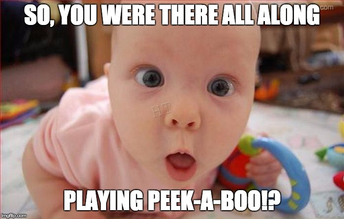 SO, YOU WERE THERE ALL ALONG; PLAYING PEEK-A-BOO!? | image tagged in super-surprised baby | made w/ Imgflip meme maker