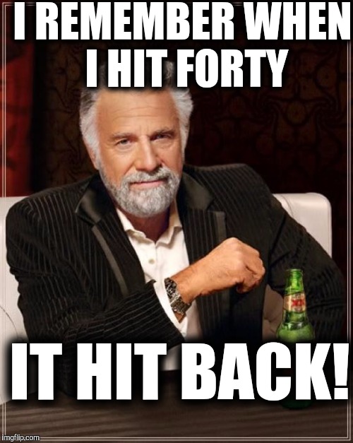 And after nearly 2 decades it's still beating the stuffing out of me! | I REMEMBER WHEN I HIT FORTY IT HIT BACK! | image tagged in memes,the most interesting man in the world,growing old | made w/ Imgflip meme maker