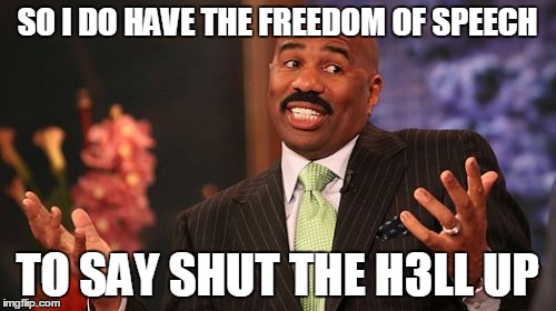 Steve Harvey Meme | SO I DO HAVE THE FREEDOM OF SPEECH TO SAY SHUT THE H3LL UP | image tagged in memes,steve harvey | made w/ Imgflip meme maker