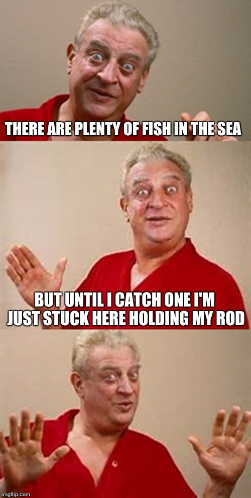 bad pun Dangerfield  | THERE ARE PLENTY OF FISH IN THE SEA; BUT UNTIL I CATCH ONE I'M JUST STUCK HERE HOLDING MY ROD | image tagged in bad pun dangerfield | made w/ Imgflip meme maker